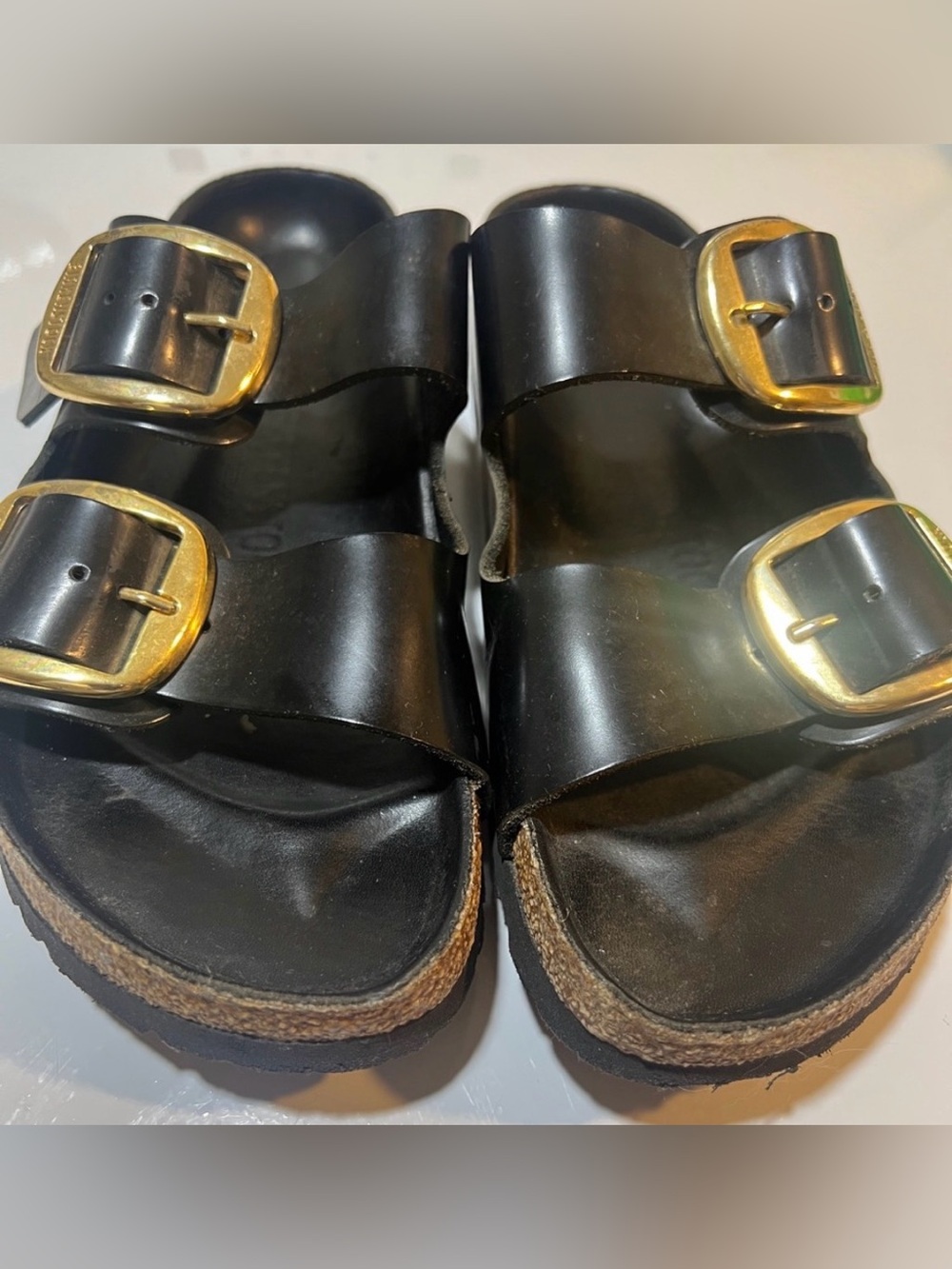 Birkenstock Black Leather Double-Buckle Slides with Gold Buckles